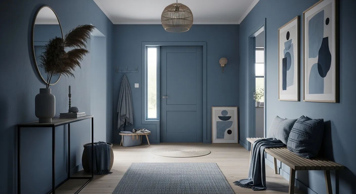 Minimalist Entryway ideas featuring a calming dusty blue wall and sleek modern console