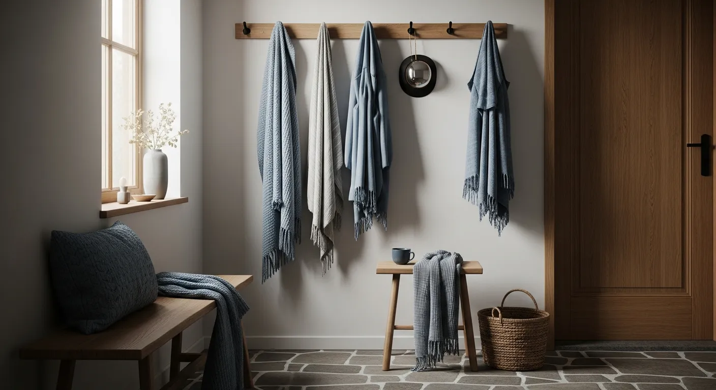 Simple minimalist entryway ideas with a light wood console and dusty blue accent wall