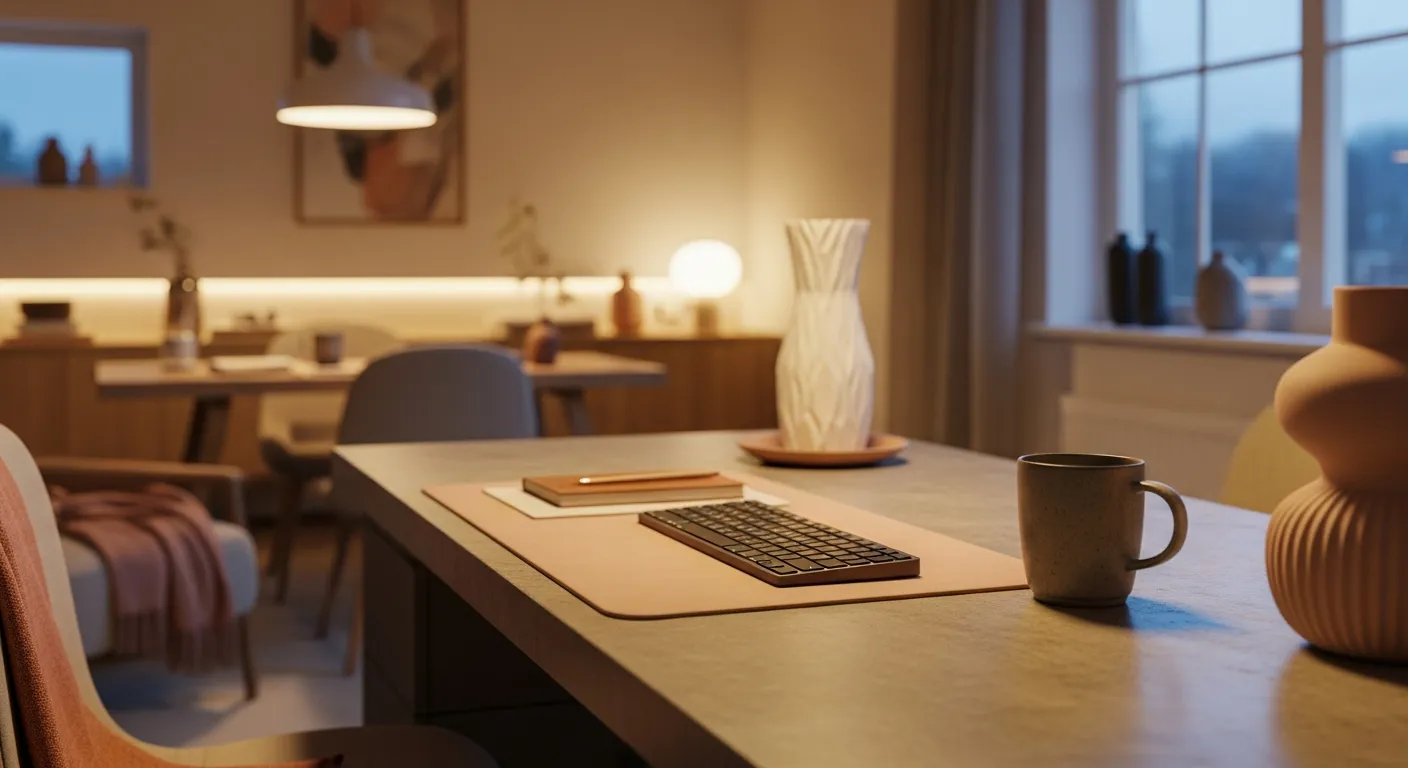 How to recreate a minimalist workspace with soft peach walls, a sleek modern desk, and abundant natural light.