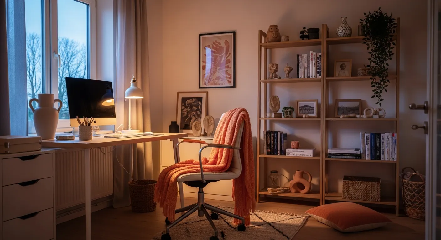 Serene workspace highlighting clean architectural lines and a soft peach wall paint for productivity.