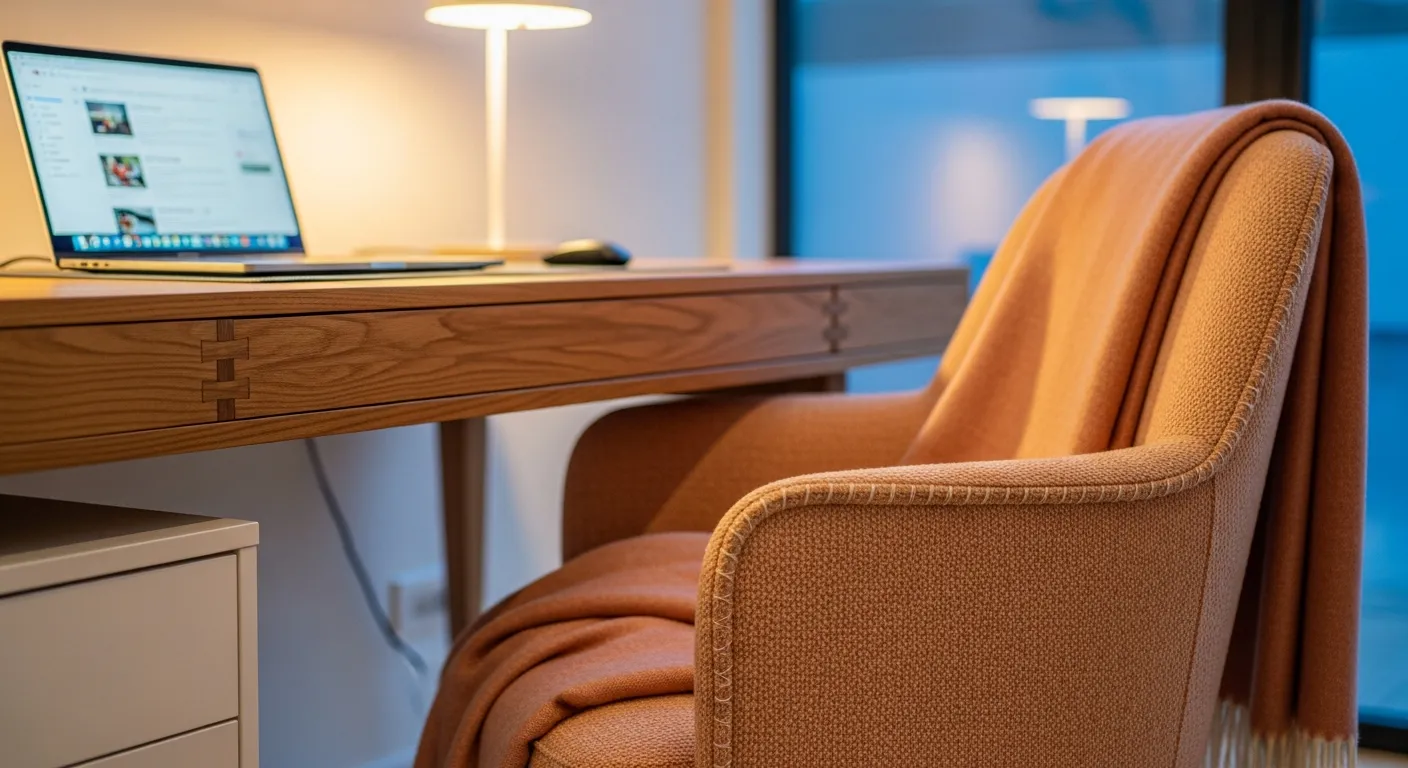 Essential furniture for a minimalist workspace showcasing a sleek desk and white chair against soft peach walls.