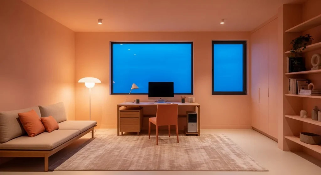 Minimalist peach home office featuring a clean white desk, ergonomic chair, and natural light.