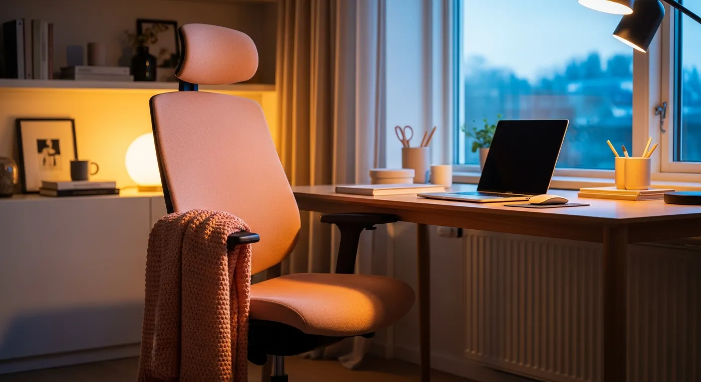 Uncluttered office design featuring a white desk, ergonomic chair, and warm everyday peach environment.