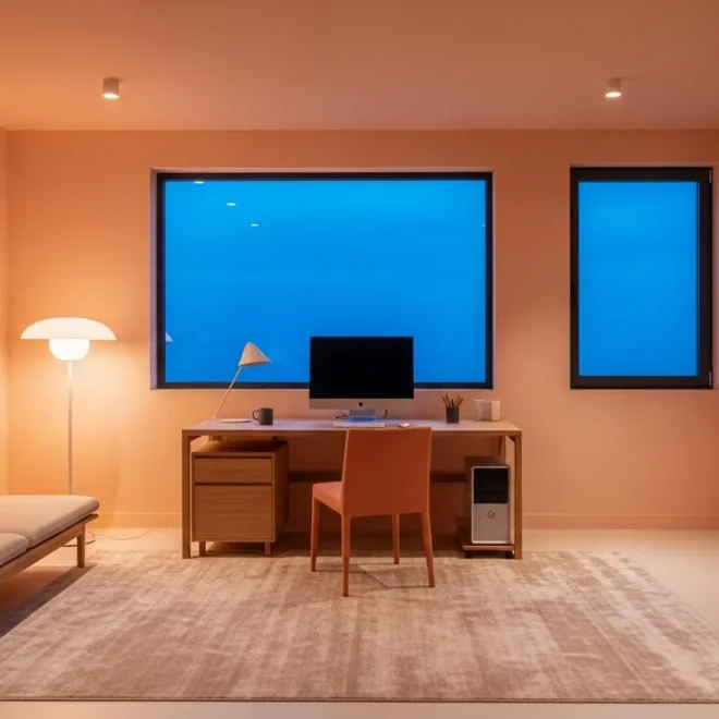 Minimalist peach home office featuring a clean white desk, ergonomic chair, and natural light.