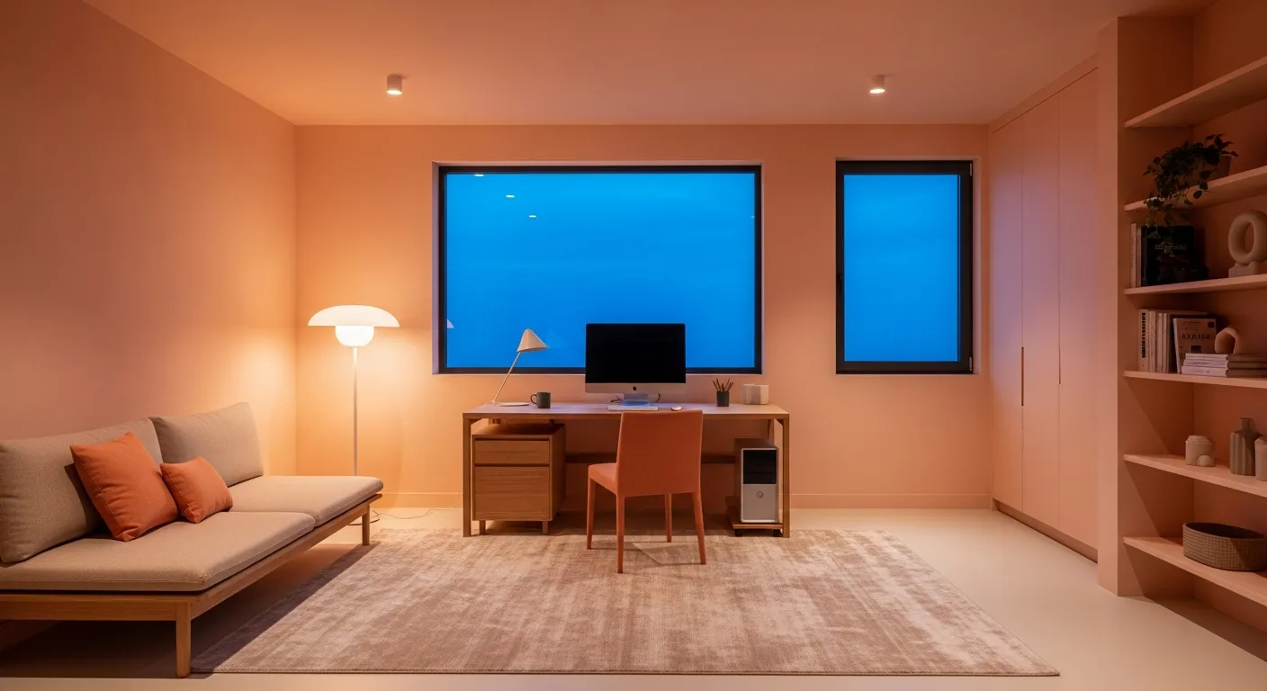 Minimalist peach home office featuring a clean white workspace, modern desk, and ergonomic chair for focus.