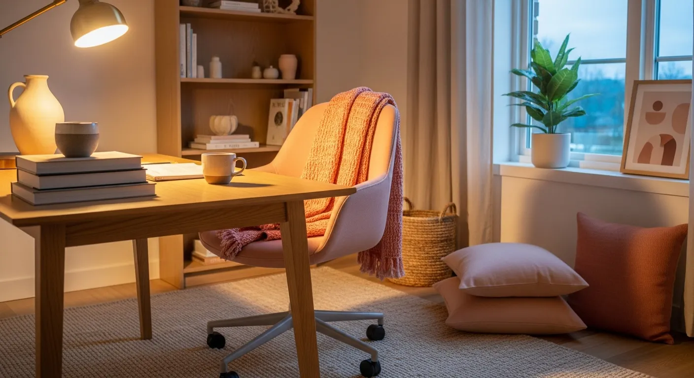 Styling tips for a minimalist workspace showing an uncluttered desk and natural light on warm peach walls.