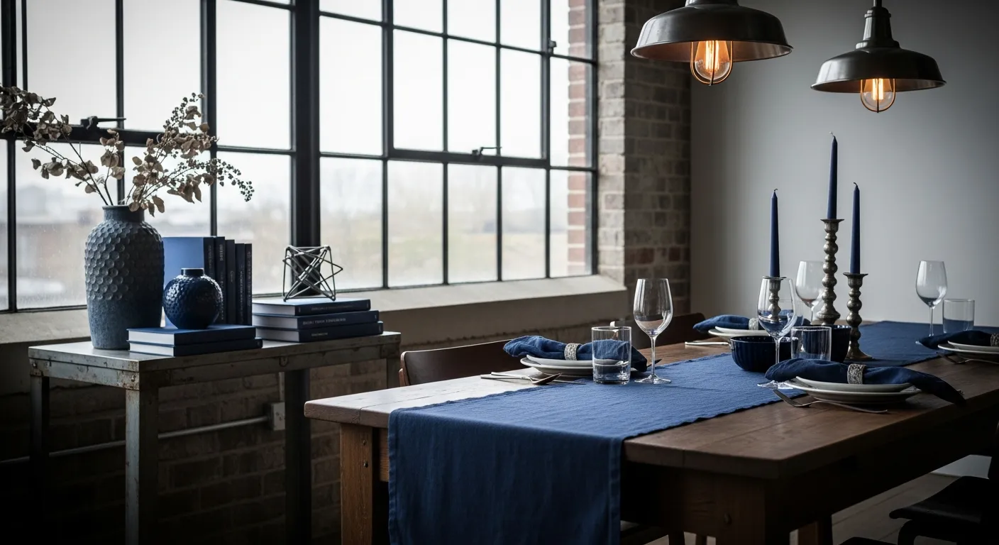Modern industrial dining room with navy blue walls highlighting a rustic wood table and chic chairs.