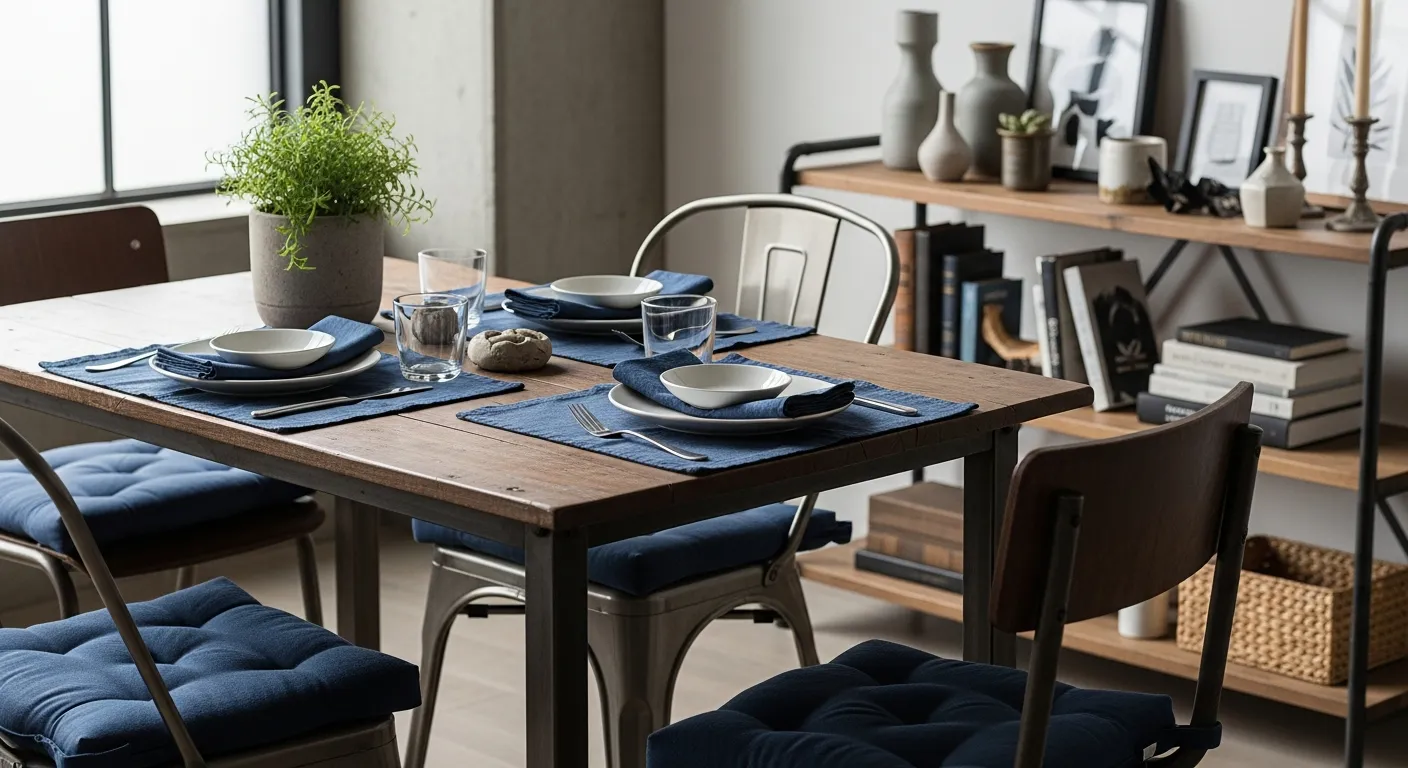 Deep navy blue walls contrasting with metal pendant lighting and rustic wood in an industrial dining space.