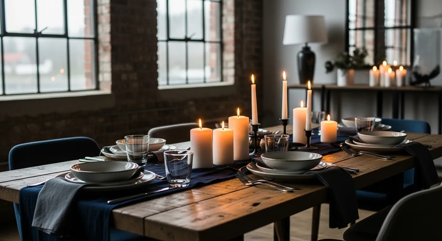 Cozy dining area showcasing bold navy walls contrasting with raw metal accents and a reclaimed wood table.