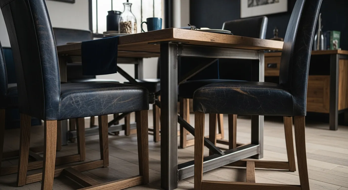 Industrial dining space with moody navy blue walls perfectly balancing metallic chairs and a wood table.