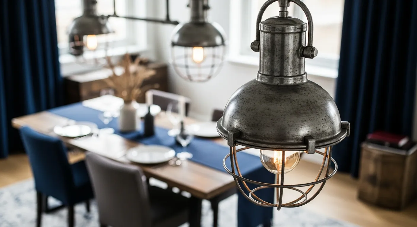 Gorgeous industrial dining room showcasing rich navy blue walls, exposed metal chairs, and wooden table elements.