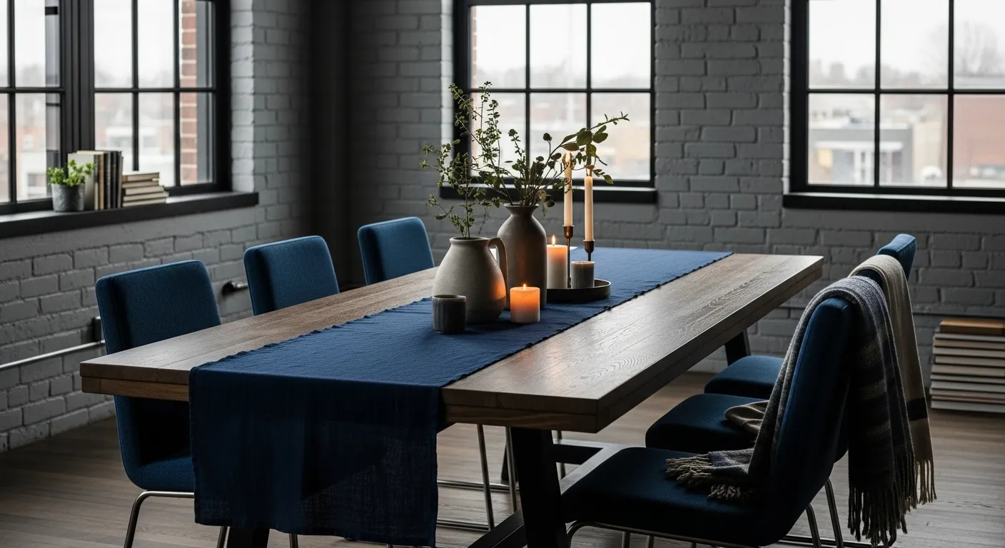 Inviting industrial dining space with deep navy blue walls, rustic wood table, and vintage metal lighting fixtures.