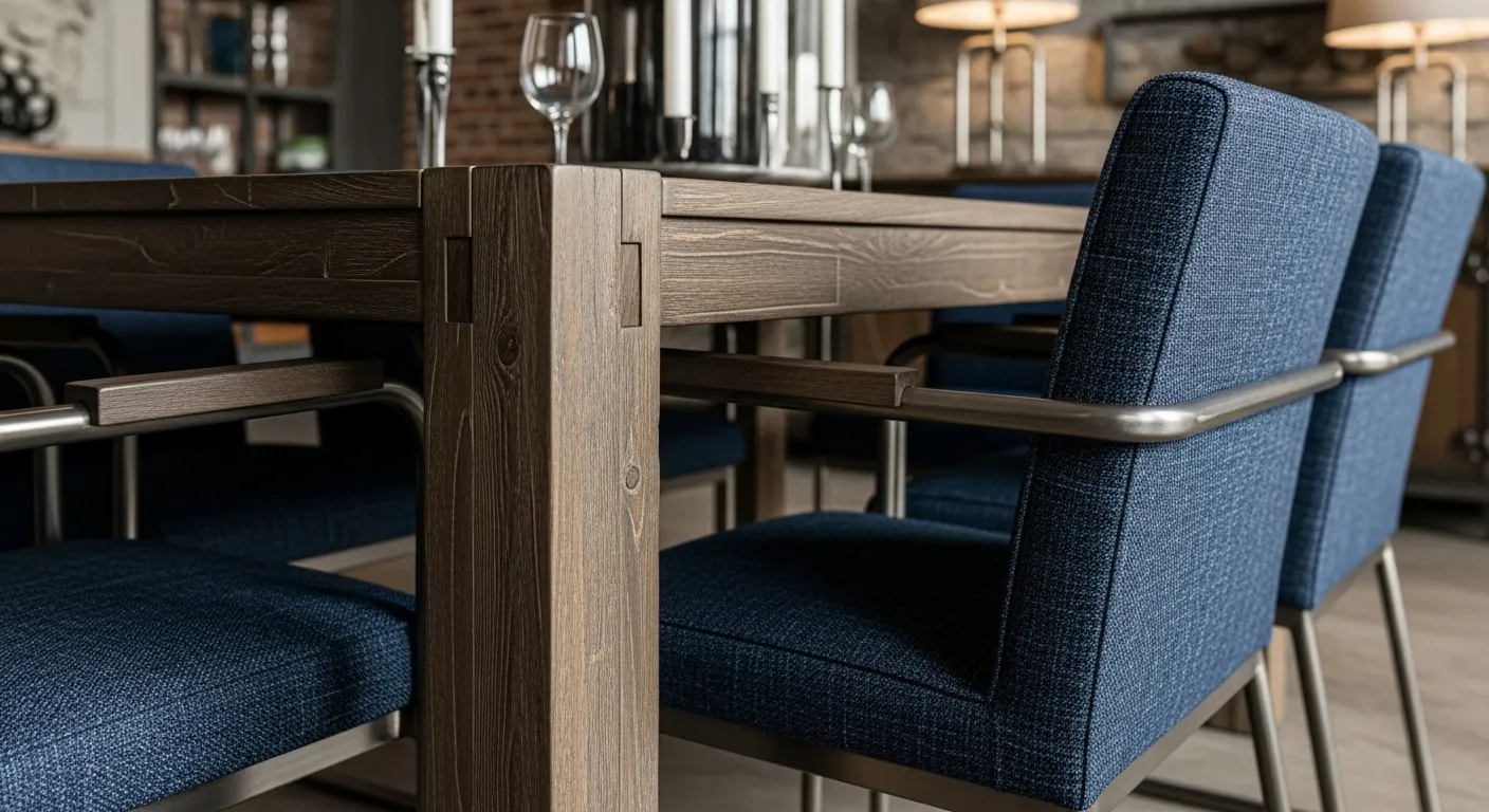Raw metal chairs and a rustic wood table set against a moody navy blue industrial dining room wall.