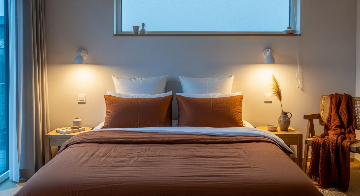 Cozy Japandi style bedroom showcasing warm rust bedding draped over light wood furniture