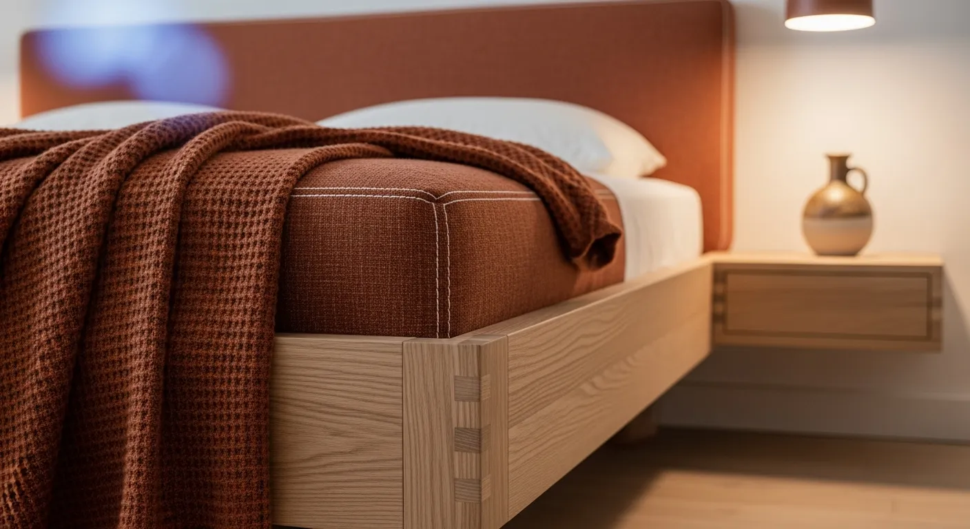 Japandi style bedroom showcasing a rust colored duvet cover and minimalist low profile natural wood bed frame