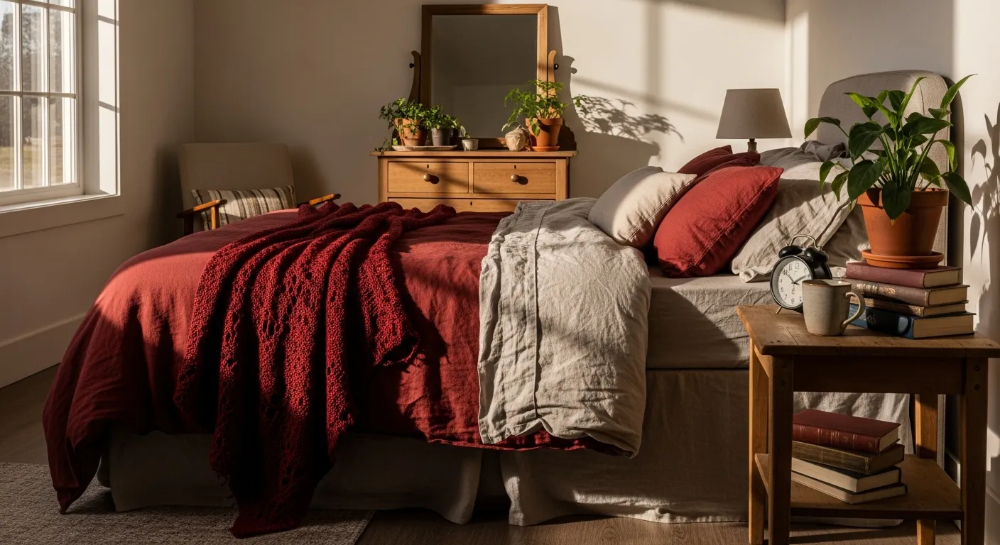 Cozy farmhouse bedroom styling with dark red blankets and soft white linens on a rustic bed