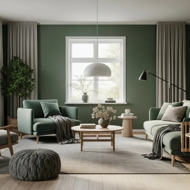 Scandinavian living room featuring an emerald green sofa with minimalist light wood accents.