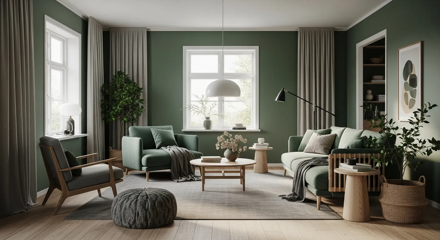 Emerald green sofa acting as a focal point in a minimalist Scandi living room