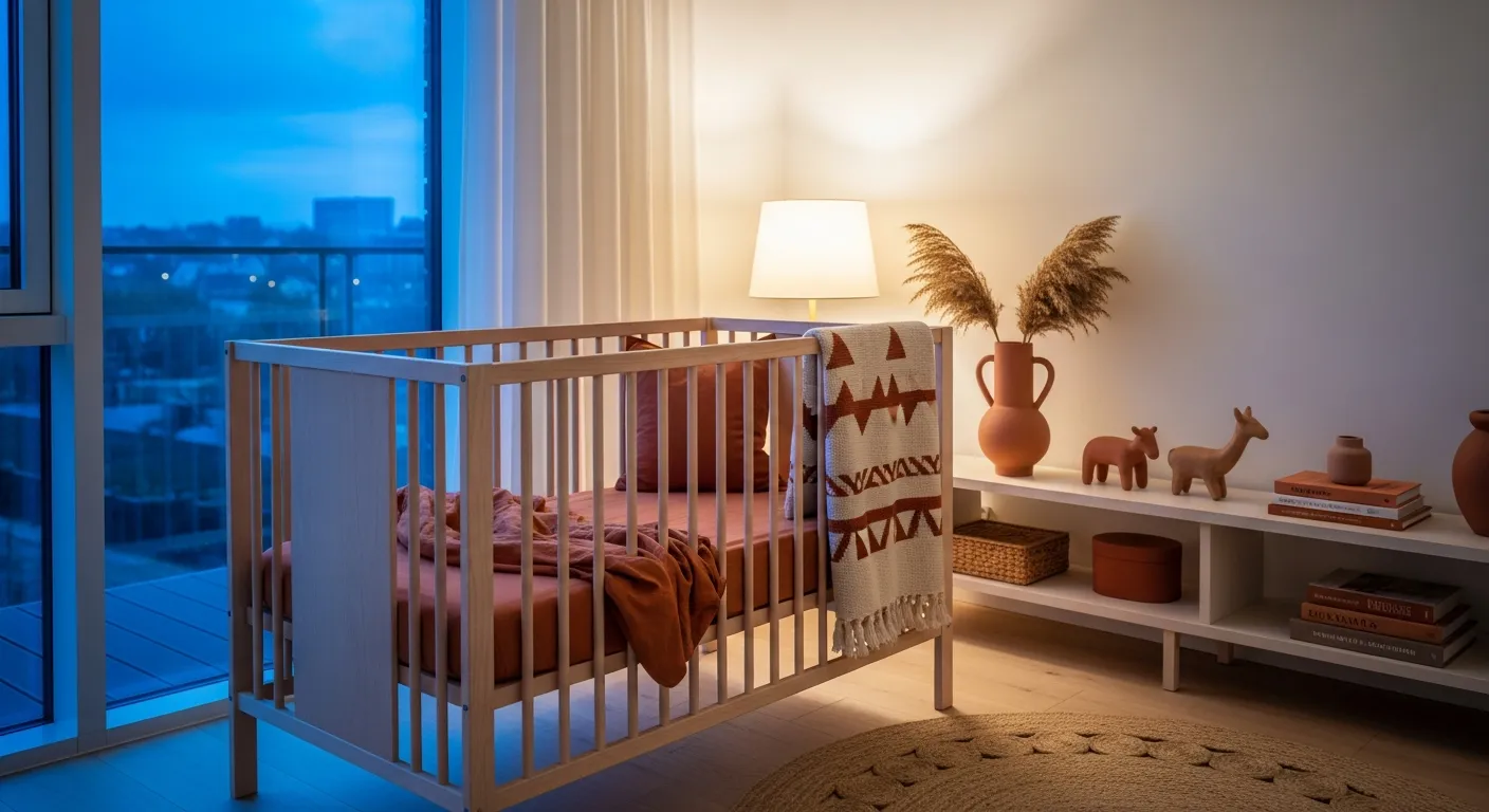 Terracotta and cream color palette in a minimalist Japandi nursery space