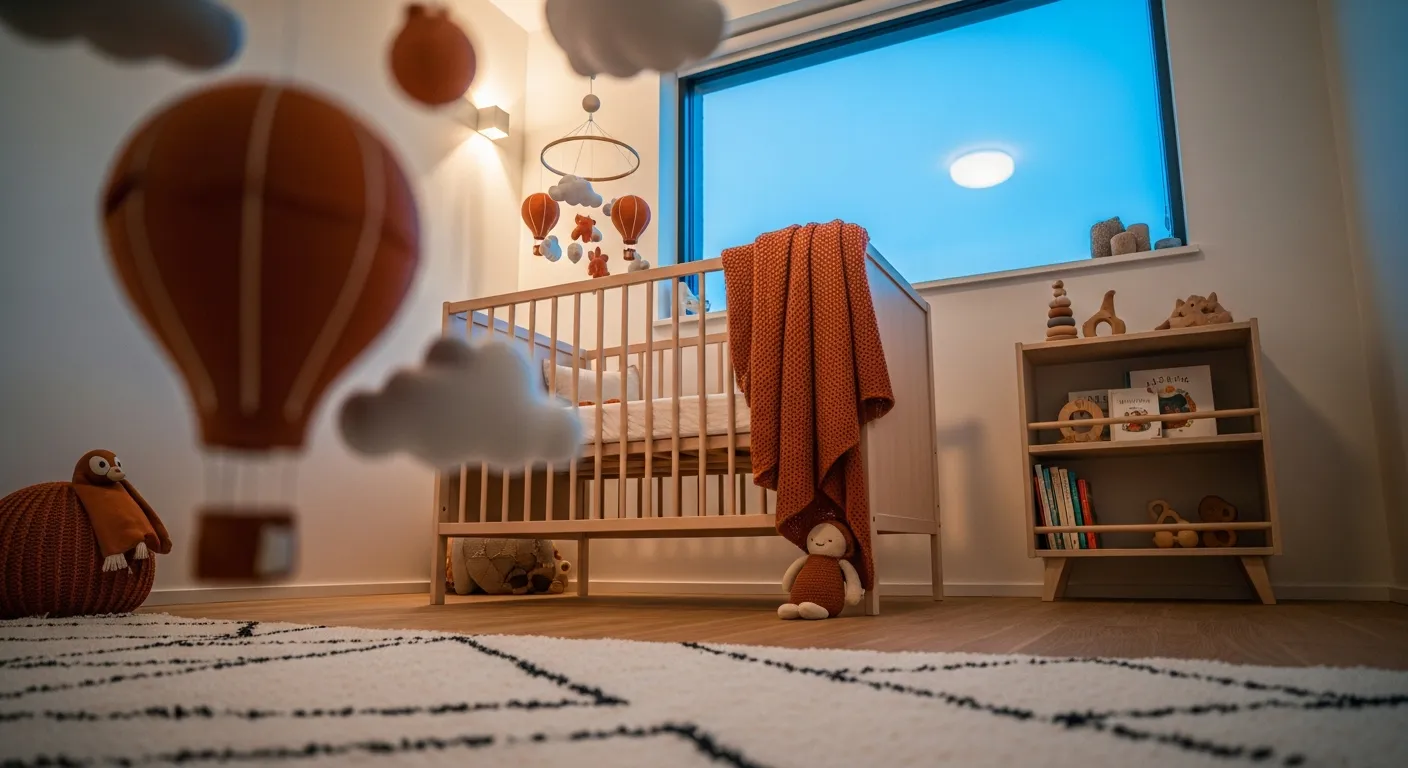 Minimalist Japandi kids room with warm terracotta walls and cozy earthy textiles