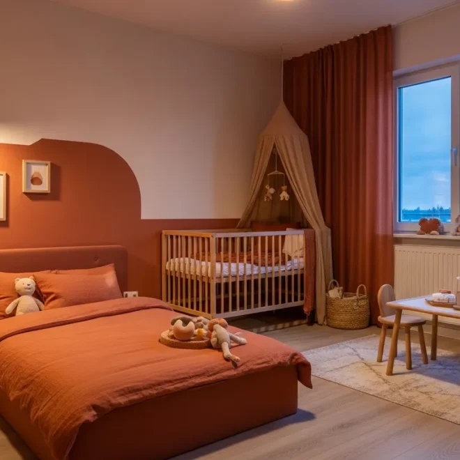 Warm terracotta nursery with minimalist Japandi wood furniture and cozy natural textures.