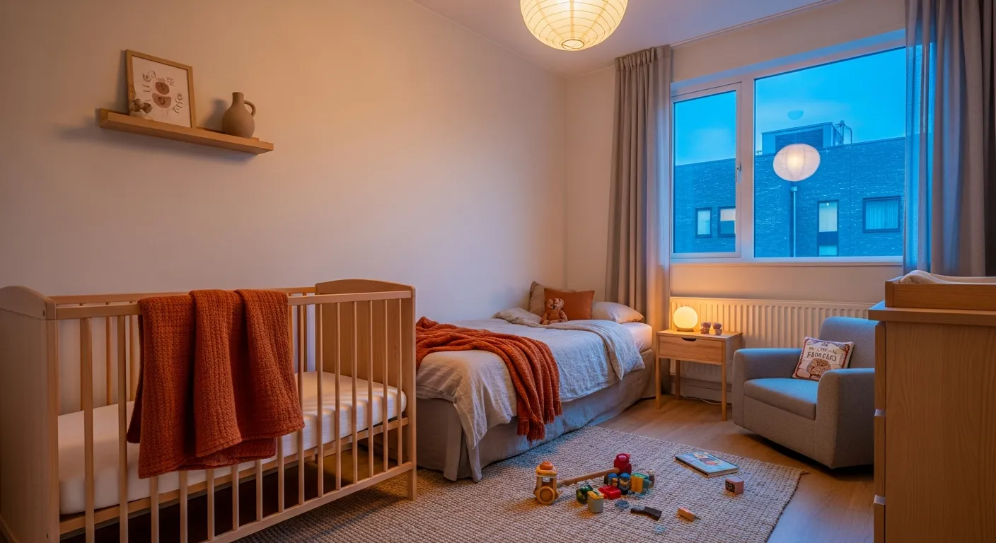 Tranquil Japandi nursery haven featuring soft terracotta hues and minimalist wooden accents
