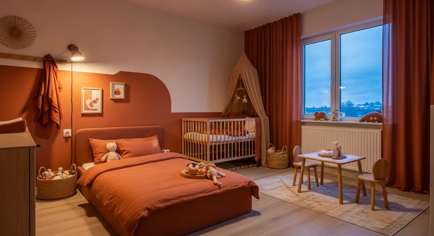 Warm terracotta painted walls in a calming Japandi nursery room with natural wood decor