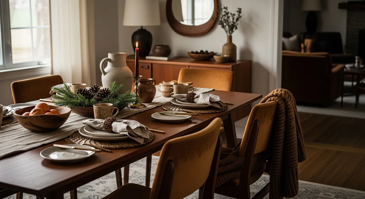 Harmonious color combinations in a warm brown mid-century dining setting with wooden accents