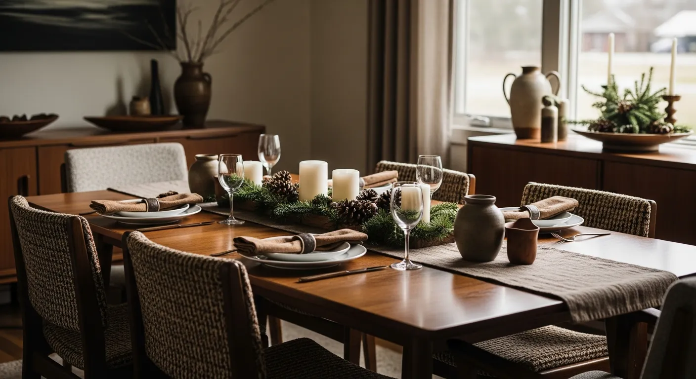 Detailed texture view of warm brown mid-century wooden textures for welcoming family dinners