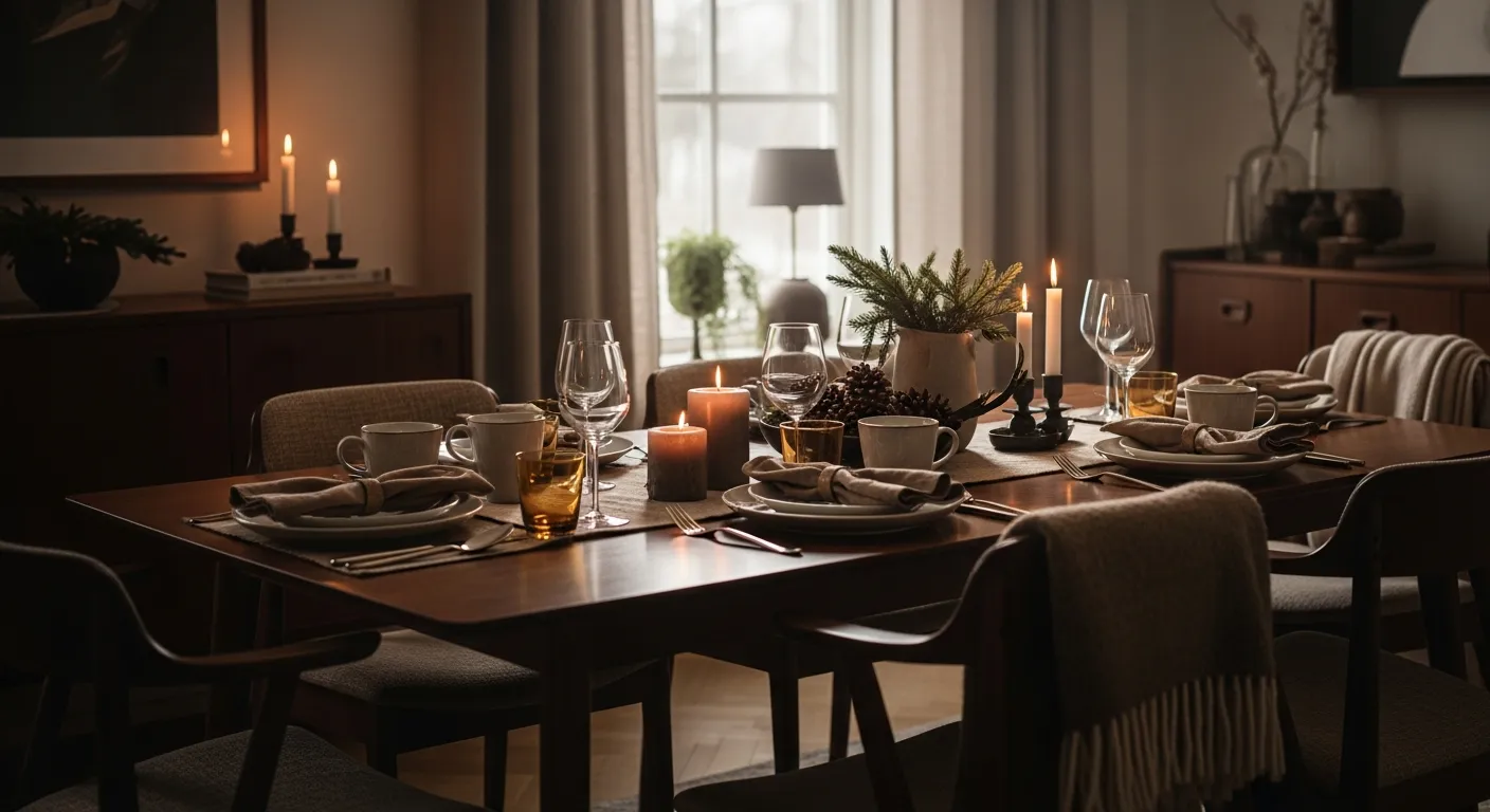 Sleek tapered legs and rich walnut tones creating nostalgic warmth in a winter dining area