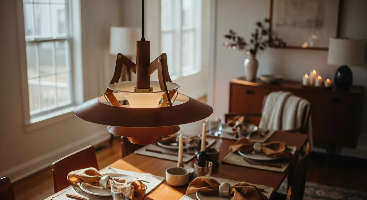Final reveal of a beautifully styled warm brown mid-century dining space with retro vintage chairs