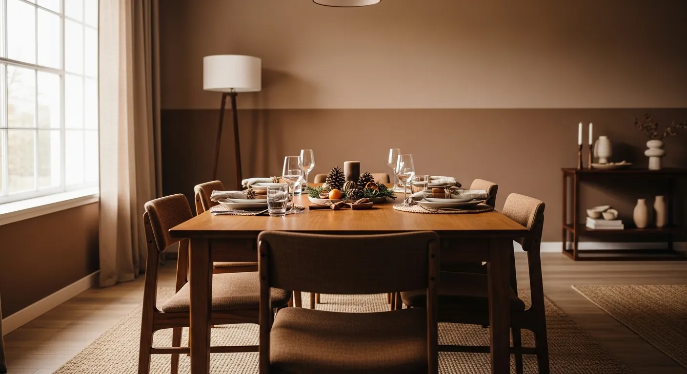 Cozy warm brown dining space showcasing sleek wooden mid-century modern furniture