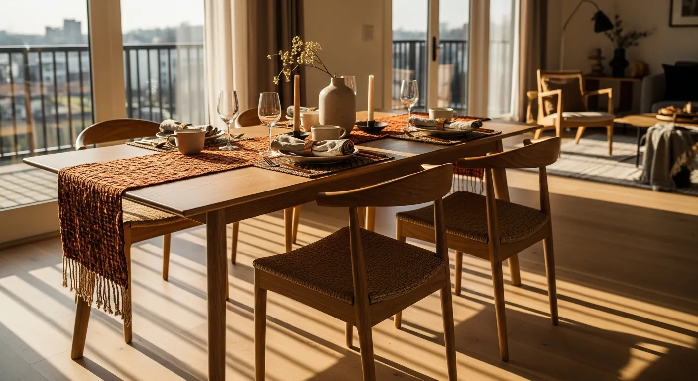 Glowing copper pendants adding warmth to a serene wooden Japandi dining room space