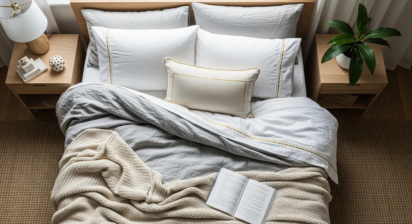 Tranquil everyday Japandi retreat with soft golden hour lighting and cozy linen textures