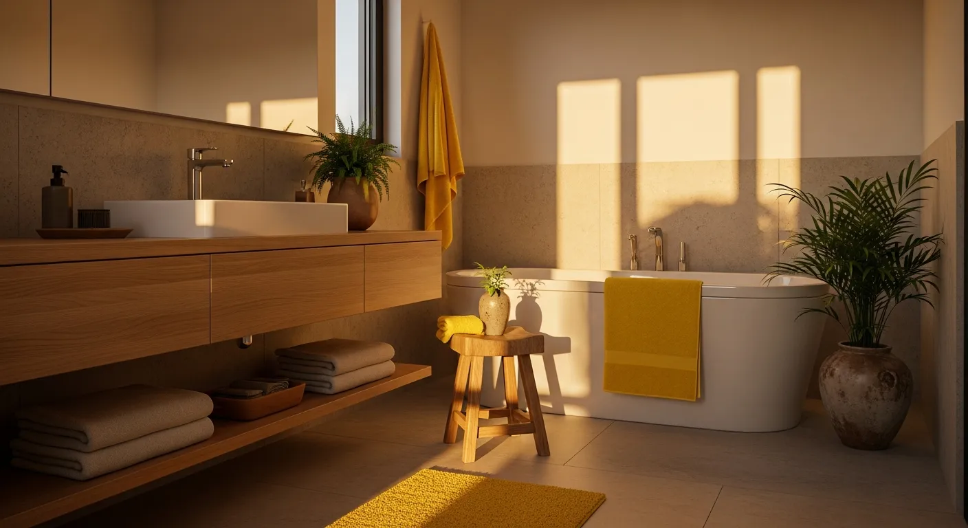 Warm yellow Japandi style oasis with organic wooden textures and clean lines