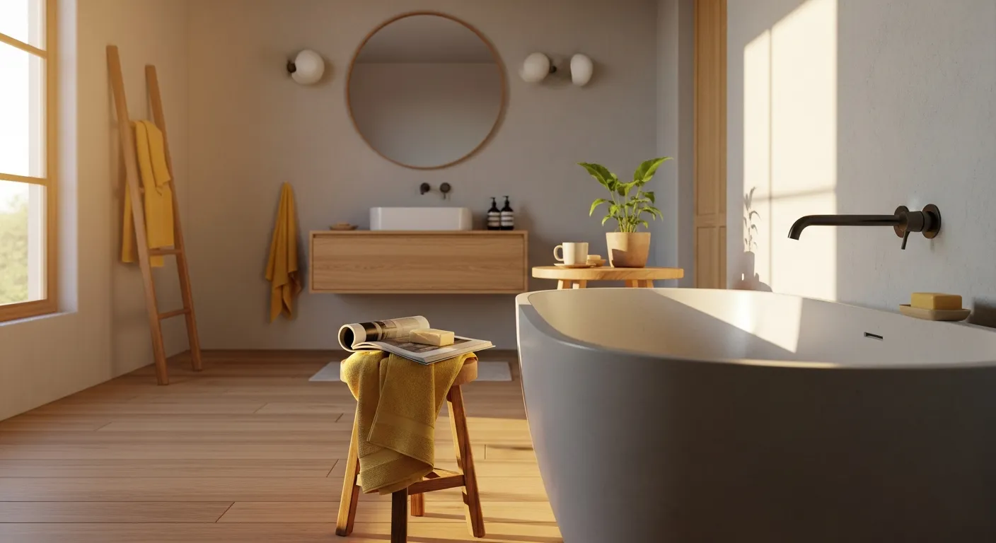 Warm sunlit minimalist bathroom with yellow color palettes and natural materials