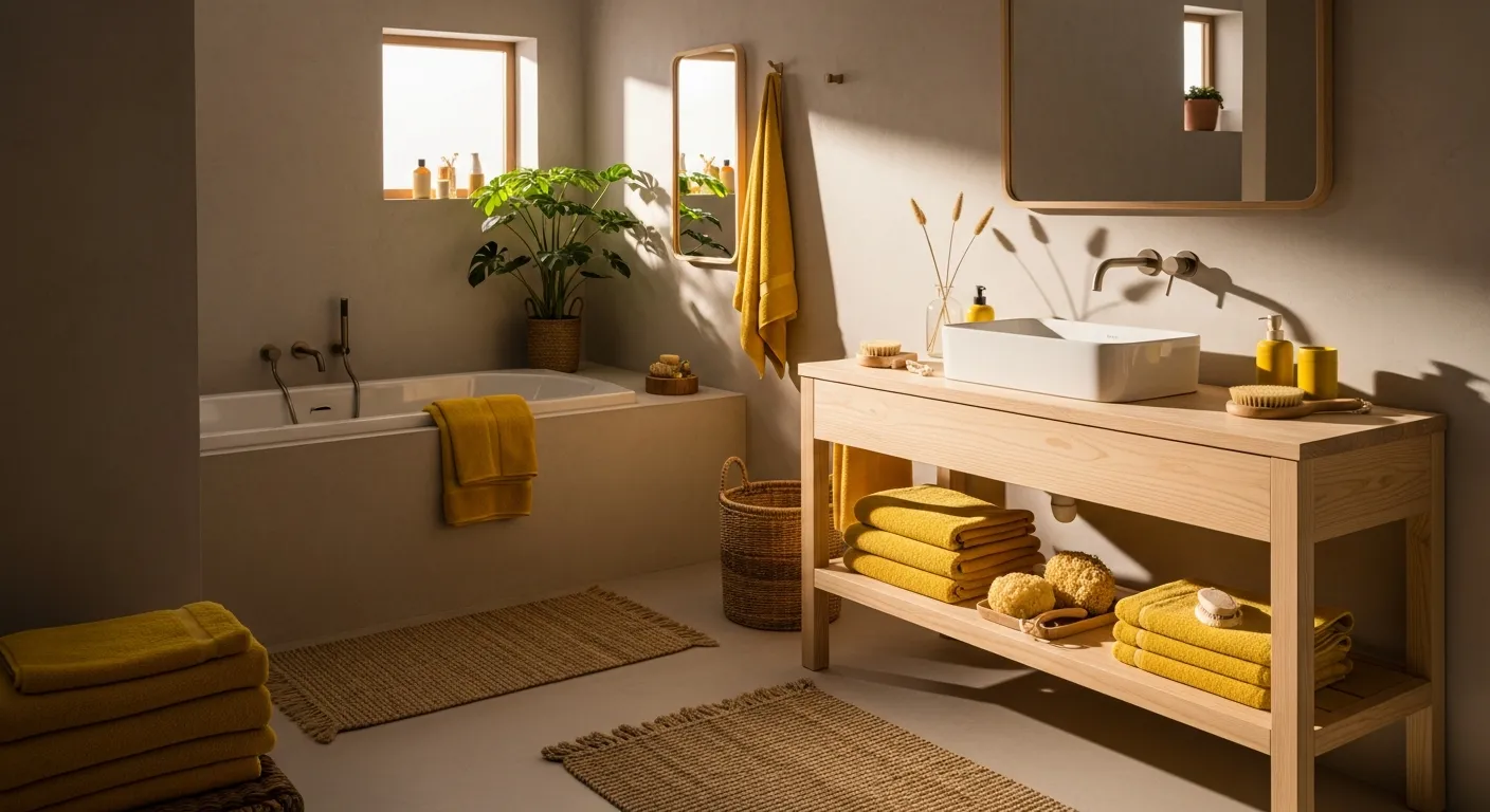 Modern white soaking tub against sunny yellow walls in a Japandi bathing space