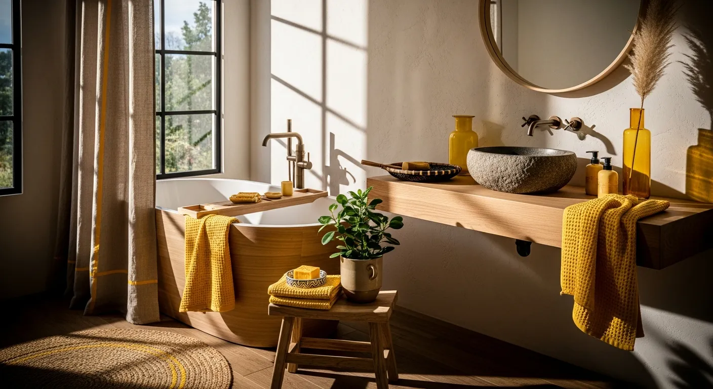Serene minimalist bathroom combining soft yellow tones and light wood finishes