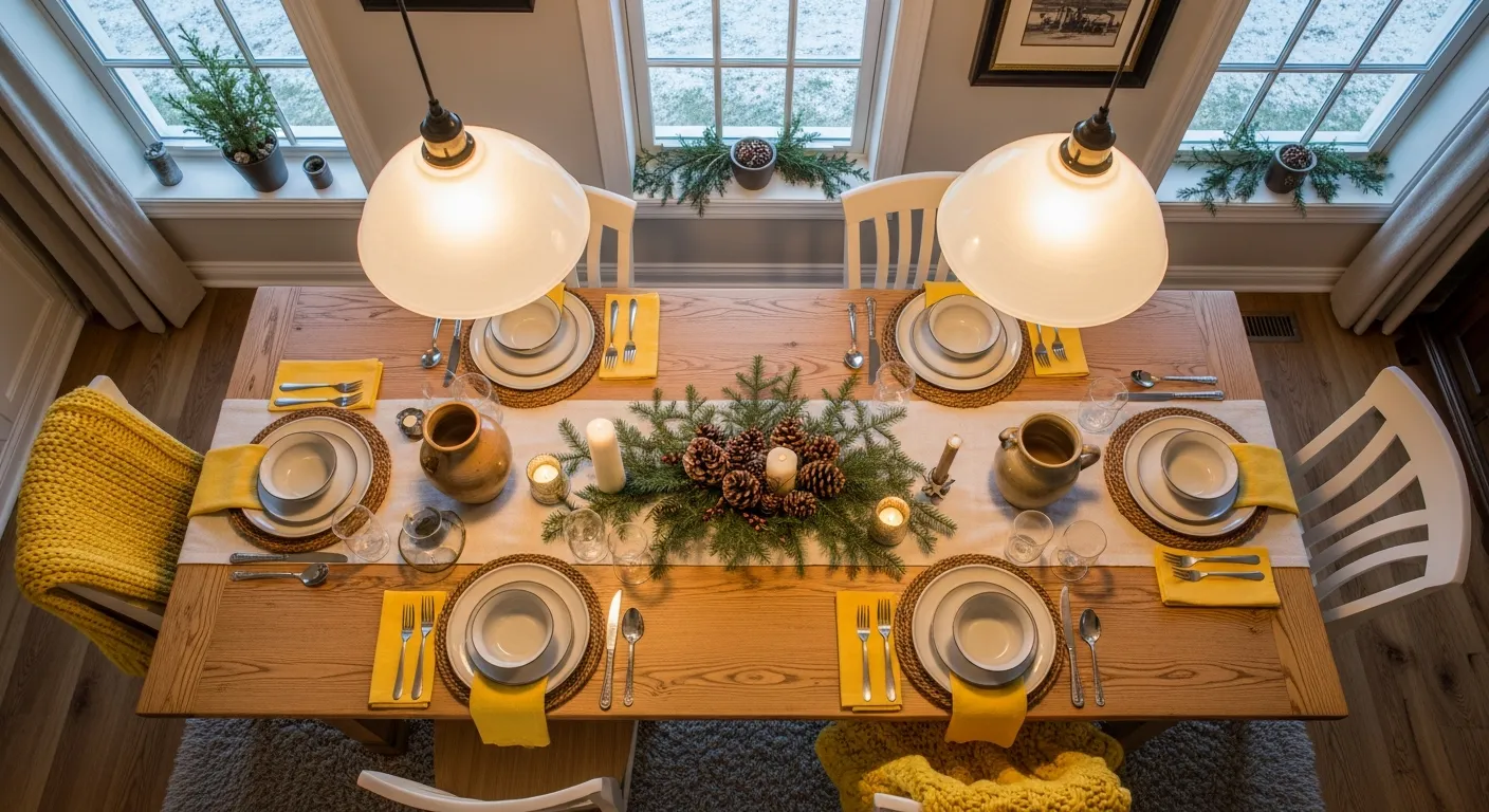 Bright yellow winter farmhouse dining room styled with rustic wood textures and vintage chairs