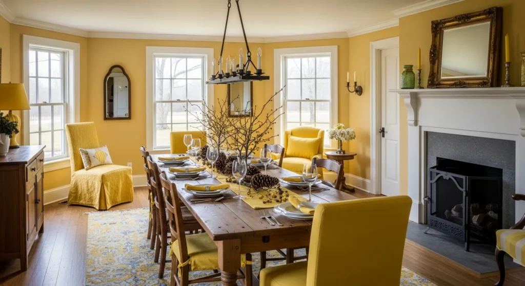Cozy farmhouse dining room featuring a rustic wooden table and warm yellow accent decor.