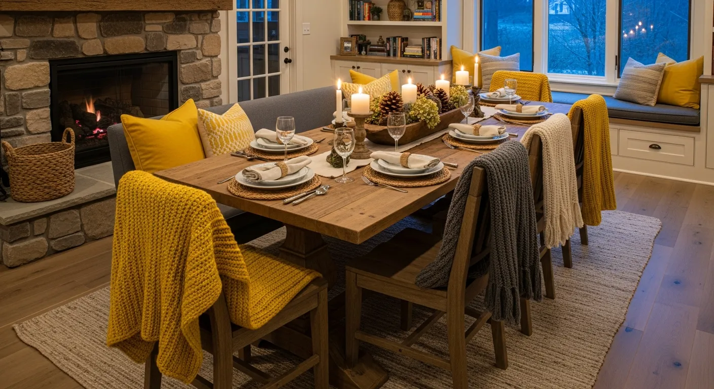 Cheerful yellow walls complementing a rustic wooden table in a winter farmhouse dining space