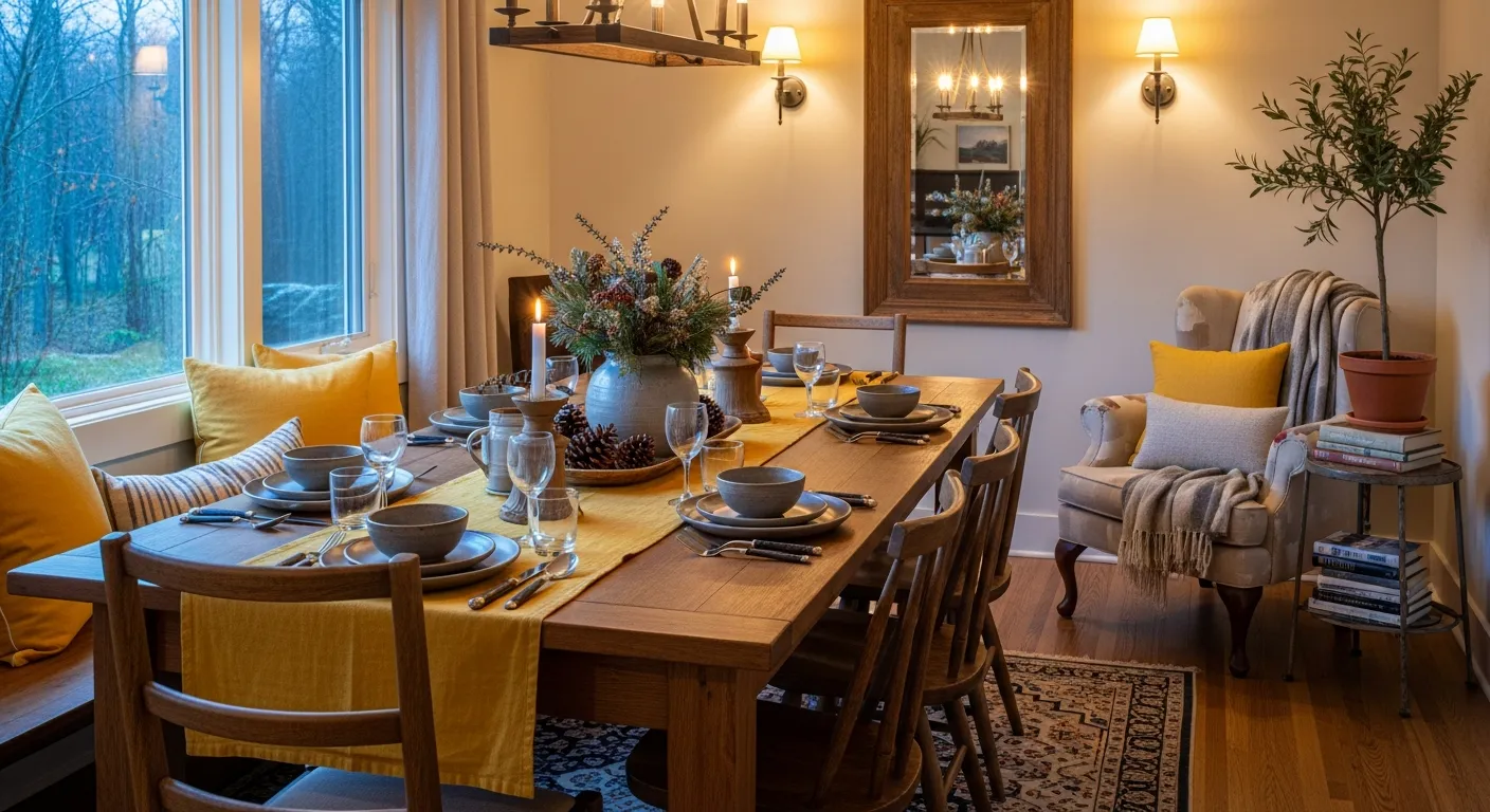 Styling a yellow farmhouse dining room for winter with rustic table and vintage white chairs