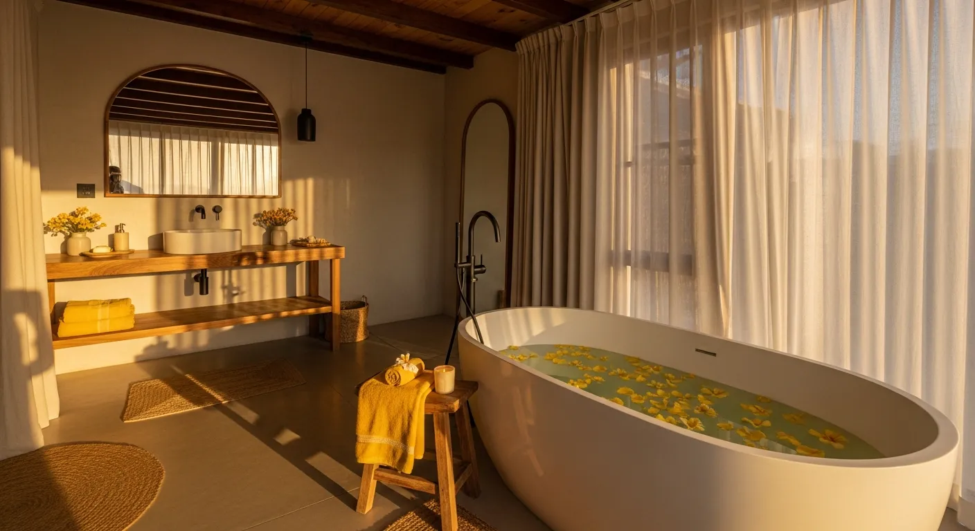 Spa-like Japandi sanctuary with soft yellow walls, a soaking tub, and minimalist elements