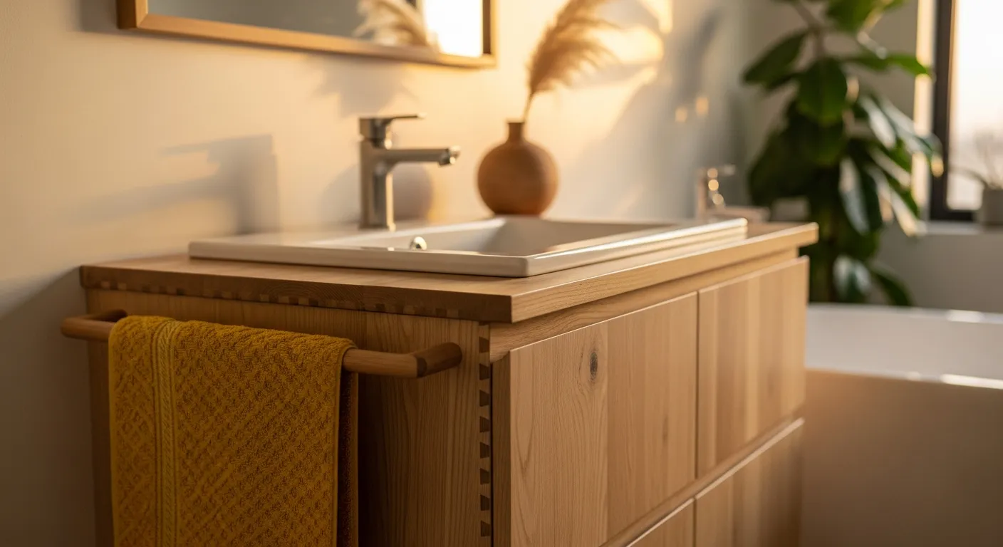 Japandi bathroom ideas featuring warm yellow accents and a natural wood vanity