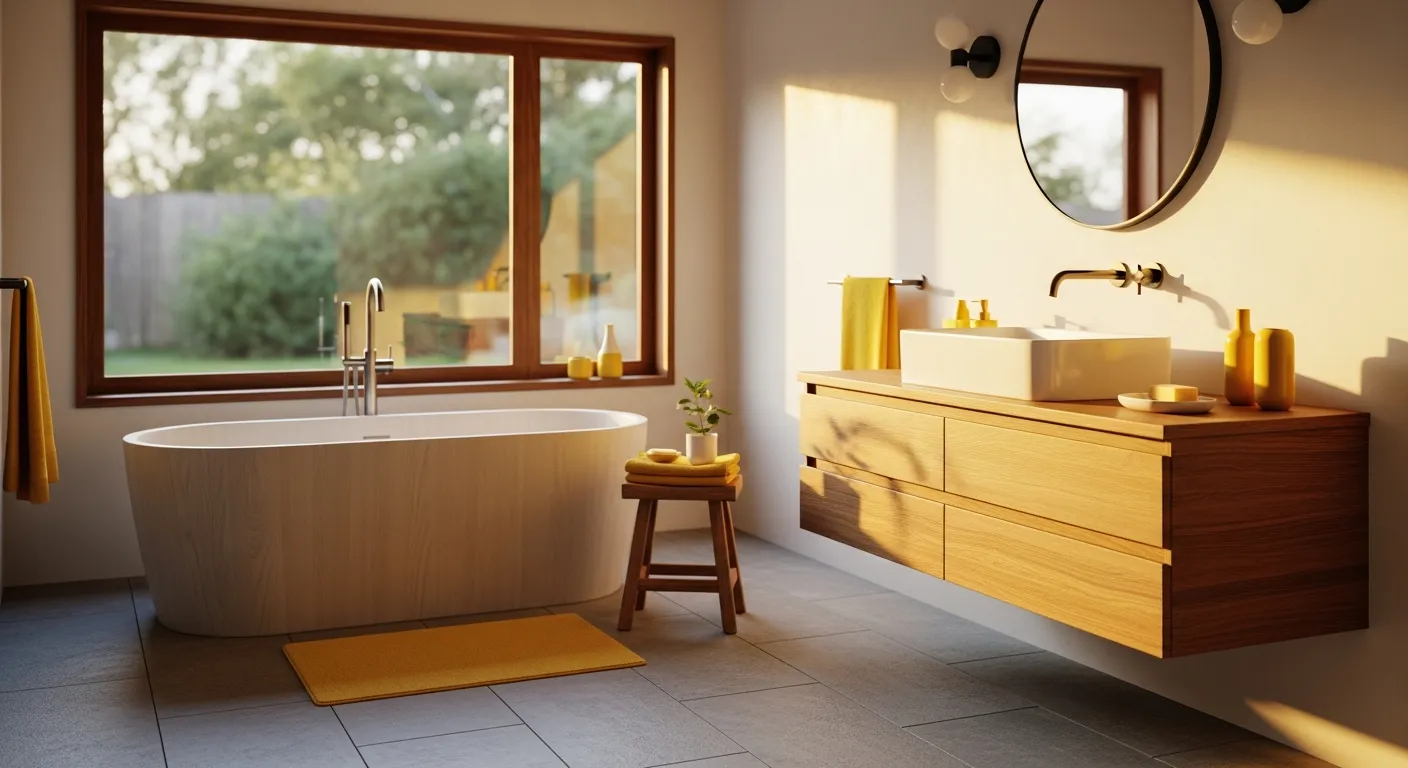 Minimalist bathroom design blending buttery yellow tones with Scandinavian wood aesthetics