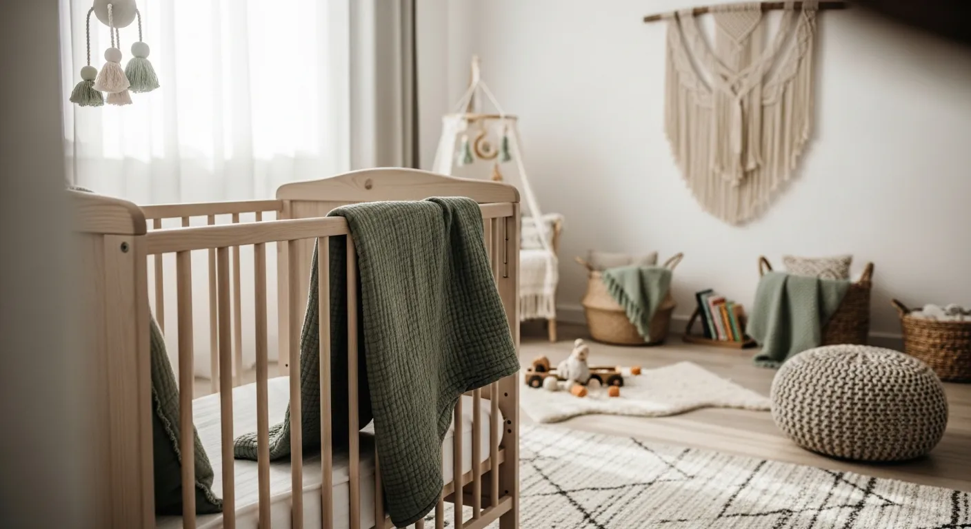 Cozy bohemian nursery featuring a sage green accent wall and natural rattan crib for styling inspiration