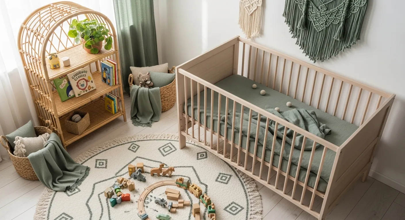 Bohemian sage green nursery featuring a woven rattan crib and textured macrame wall decor