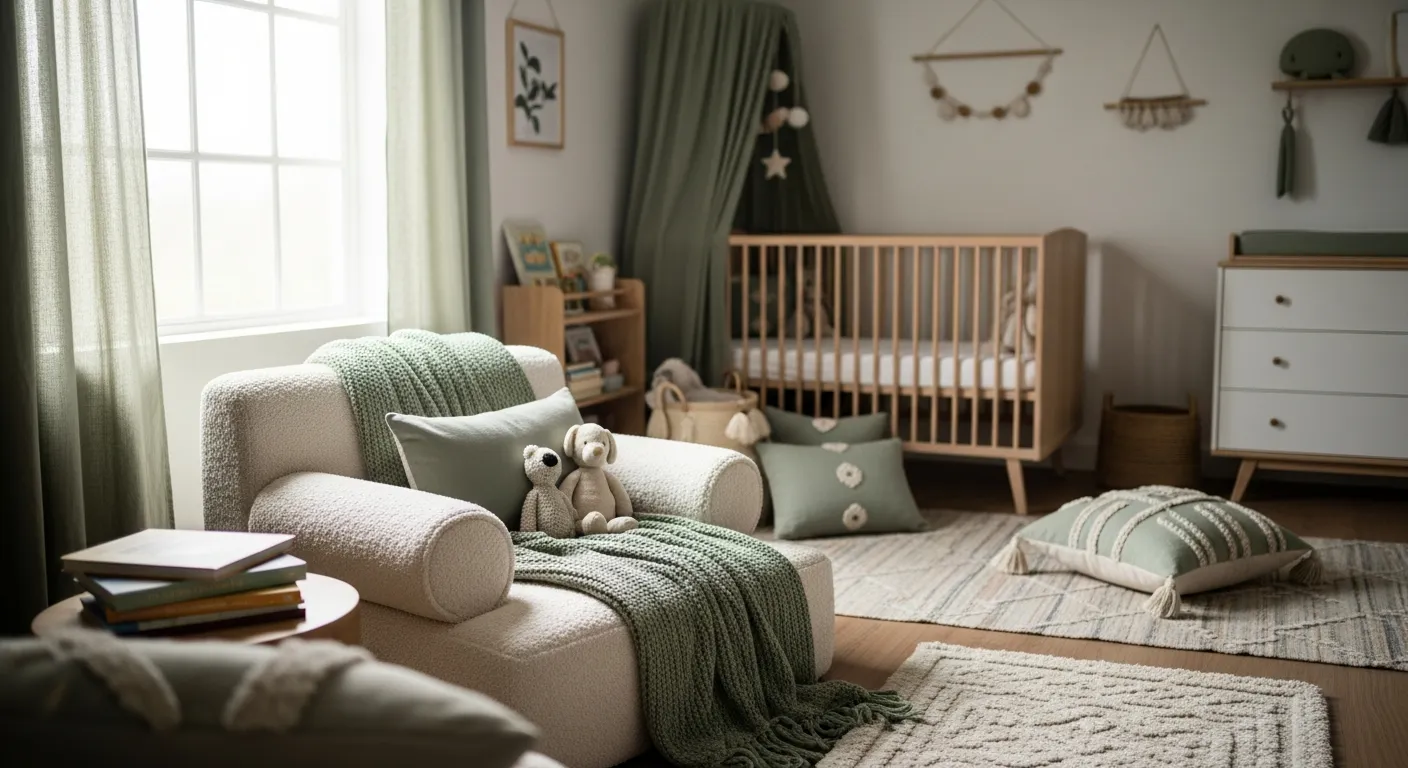 Bohemian nursery featuring calming sage green walls, a rattan crib, and layered natural earthy textures