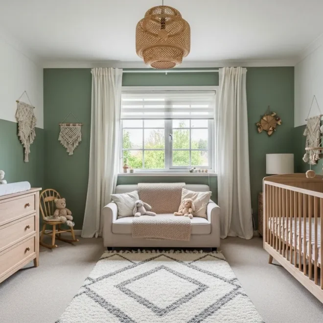 A cozy bohemian nursery featuring sage green accents, natural rattan furniture, and textured textiles.