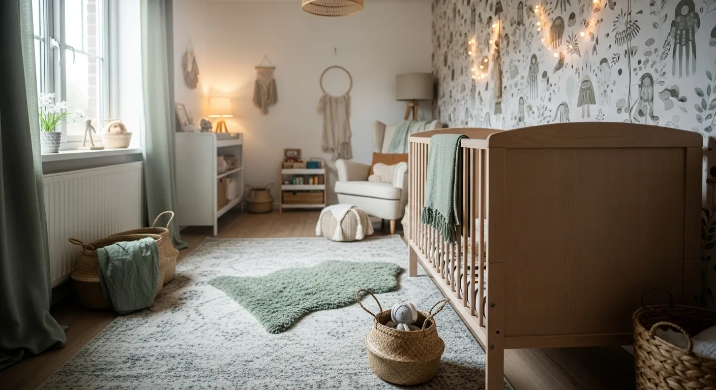 Beautiful bohemian sage green nursery design with a rattan crib, macrame accents, and warm earthy decor